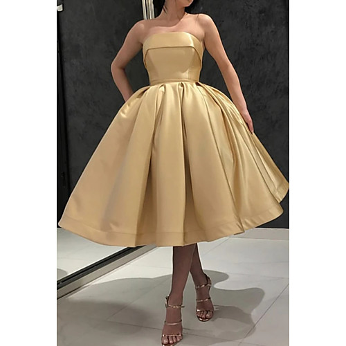 

Ball Gown Strapless Tea Length Satin Minimalist / Gold Party Wear / Prom Dress with Pleats 2020