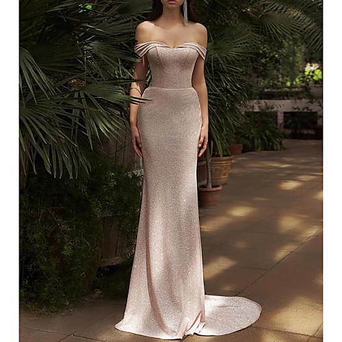 

Sheath / Column Off Shoulder Court Train Polyester Glittering / Minimalist Engagement / Formal Evening Dress with Sleek 2020