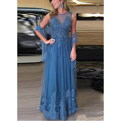 

A-Line Illusion Neck Floor Length Lace Sleeveless Sexy Mother of the Bride Dress with Beading / Appliques Mother's Day 2020