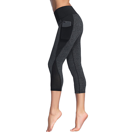 

Women's High Waist Yoga Pants Pocket Patchwork Fashion Black Gray Mesh Running Fitness Gym Workout 3/4 Tights Sport Activewear Quick Dry Butt Lift Tummy Control Stretchy