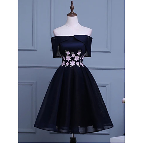 

A-Line Floral Black Engagement Cocktail Party Dress Off Shoulder Short Sleeve Short / Mini Polyester with Appliques 2020