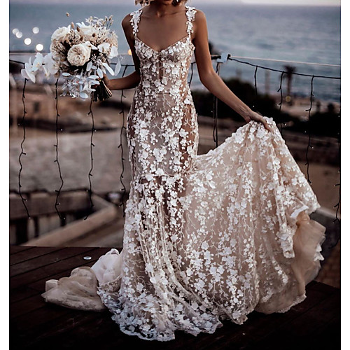 

A-Line Scoop Neck Court Train Polyester / Lace Sleeveless Country Plus Size Wedding Dresses with Embroidery / Appliques 2020
