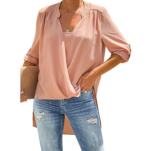 

Women's Daily Shirt - Solid Colored Criss Cross V Neck Blushing Pink