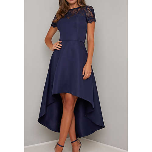 

A-Line Jewel Neck Asymmetrical Lace / Satin / Tulle Short Sleeve Elegant Mother of the Bride Dress with Lace Mother's Day 2020