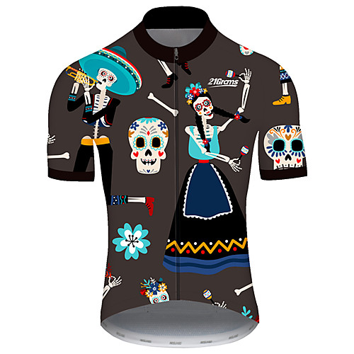 

21Grams Men's Short Sleeve Cycling Jersey 100% Polyester Grey Novelty Skull Floral Botanical Bike Jersey Top Mountain Bike MTB Road Bike Cycling UV Resistant Breathable Quick Dry Sports Clothing