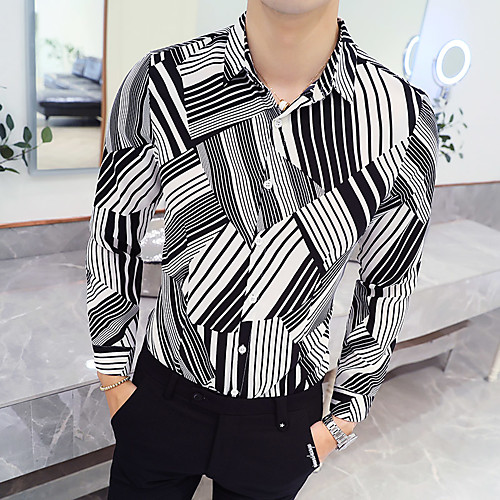 

Men's Daily Going out Basic / Elegant Shirt - Striped / Color Block Black