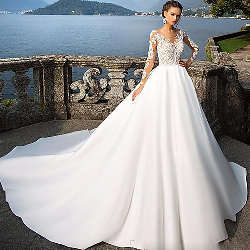 

A-Line Jewel Neck Court Train Satin Long Sleeve Sexy Wedding Dress in Color Wedding Dresses with Appliques 2020