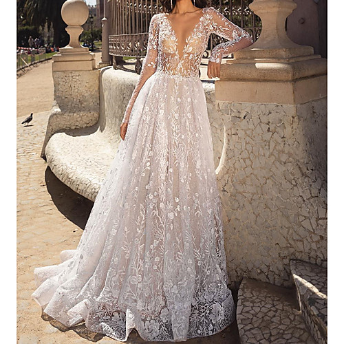 

A-Line Wedding Dresses Plunging Neck Sweep / Brush Train Tulle Polyester Long Sleeve Country Plus Size with Bow(s) Embroidery Appliques 2020