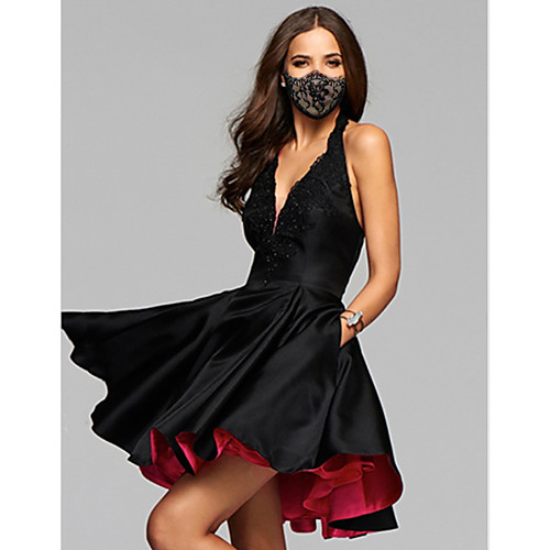 

A-Line V Neck Short / Mini Stretch Satin Sexy / Black Homecoming / Cocktail Party Dress with Pleats / Beading 2020