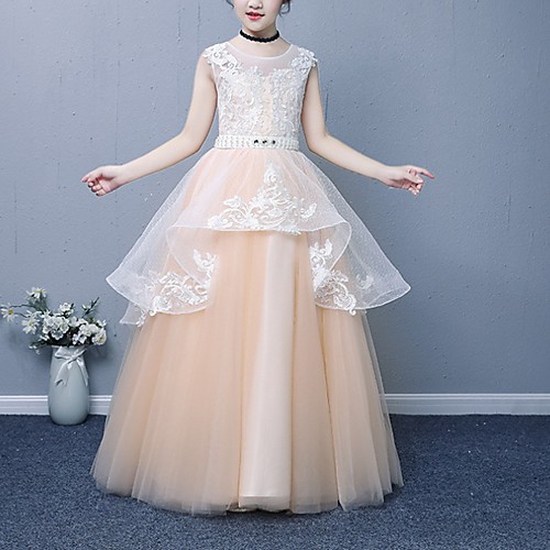 

Ball Gown Asymmetrical Wedding / Party Flower Girl Dresses - POLY Sleeveless Jewel Neck with Lace / Tier / Solid