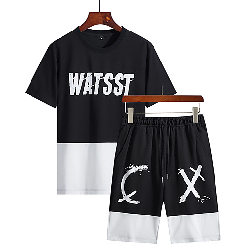 

Men's Sports Going out Basic / Tropical EU / US Size Set - Color Block / Letter Black & White Round Neck White / Short Sleeve