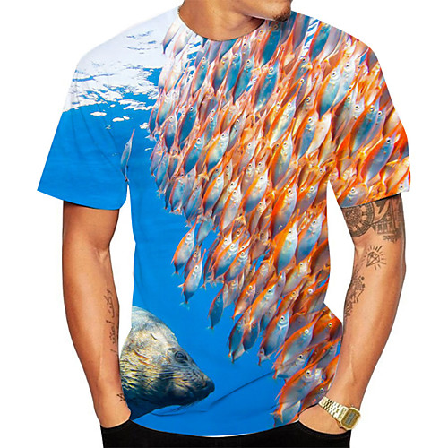 

Men's Daily Going out Basic T-shirt - 3D / Scenery / Animal Print Blue