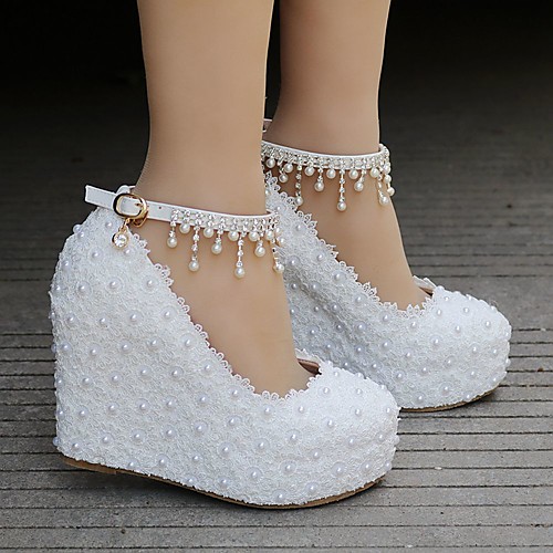 

Women's Wedding Shoes Wedge Heel Round Toe Sparkling Glitter / Buckle / Tassel Lace / PU Sweet / Preppy Spring & Summer / Fall & Winter Pink / White / Party & Evening