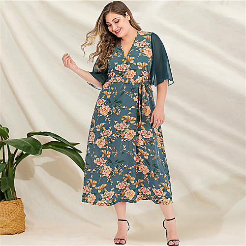 

Women's Green Dress Casual Mumu Daily Beach A Line Sheath Sundress Floral Patchwork Print L XL