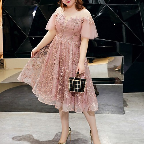

A-Line Jewel Neck Tea Length Tulle Plus Size / Pink Party Wear / Cocktail Party Dress with Embroidery 2020