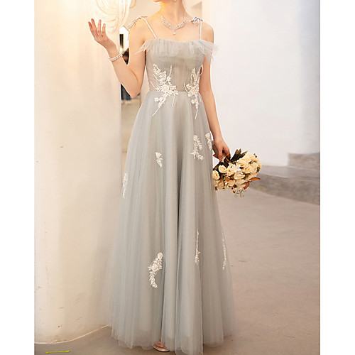 

A-Line Spaghetti Strap Floor Length Polyester Floral / Grey Wedding Guest / Prom Dress with Embroidery 2020