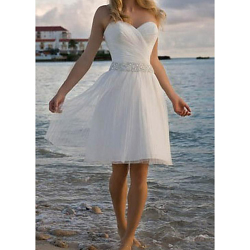 

A-Line Strapless Knee Length Chiffon / Taffeta / Stretch Satin Sleeveless Vintage Plus Size Wedding Dresses with Crystals 2020