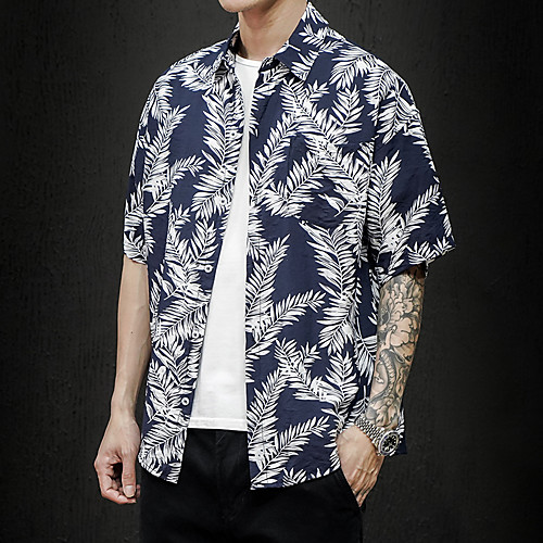

Men's Daily Holiday Boho / Tropical Shirt - Striped / Geometric / Scenery Tropical Leaf, Print Army Green