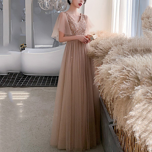 

A-Line V Neck Floor Length Polyester Elegant / Sparkle Wedding Guest / Prom Dress with Pleats / Beading 2020