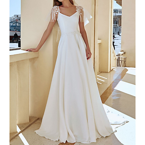 

A-Line V Neck Sweep / Brush Train Lace / Stretch Satin / Jersey Short Sleeve Country Plus Size / Illusion Sleeve Wedding Dresses with Appliques 2020