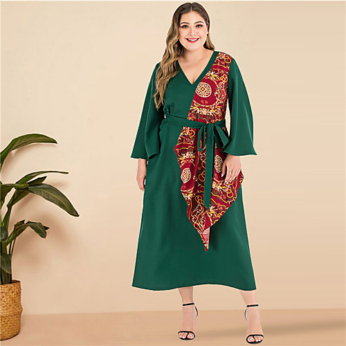 

Women's Green Dress Daily Going out A Line Sheath Chiffon Solid Color Flare Cuff Sleeve Patchwork XL XXL