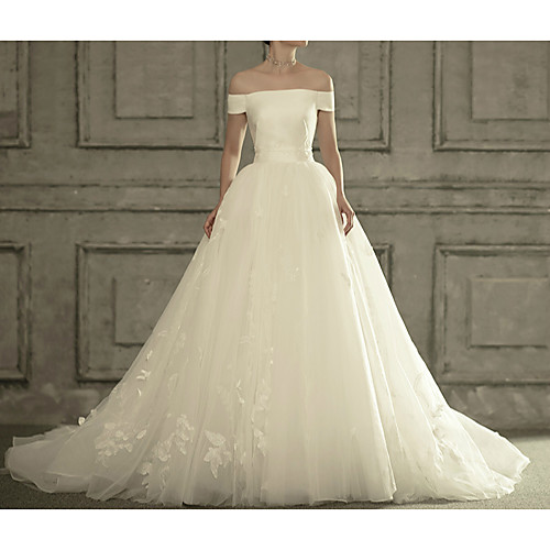

Ball Gown Off Shoulder Court Train Satin / Tulle Short Sleeve Formal Elegant Wedding Dresses with Appliques 2020