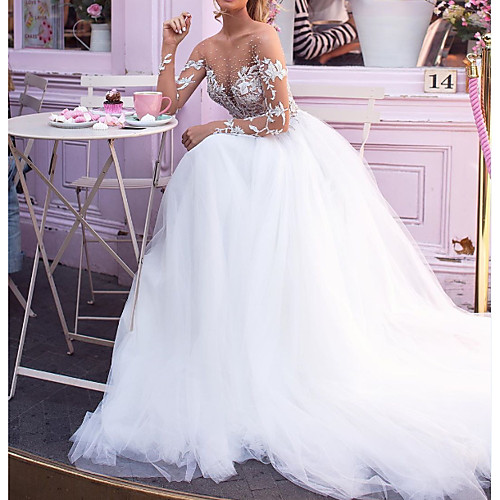 

A-Line Jewel Neck Court Train Lace / Tulle Long Sleeve Sexy Plus Size Wedding Dresses with Beading / Embroidery / Appliques 2020