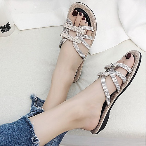 

Women's Sandals Summer Flat Heel Open Toe Daily Rhinestone Solid Colored Suede Gold / Black / Silver