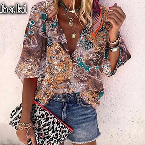 

Women's Geometric Loose Shirt Daily V Neck Blue / Purple / Blushing Pink / Khaki / Light Blue