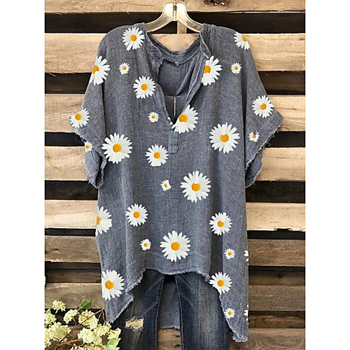 

Women's Daily Blouse - Floral Daisy V Neck Gray