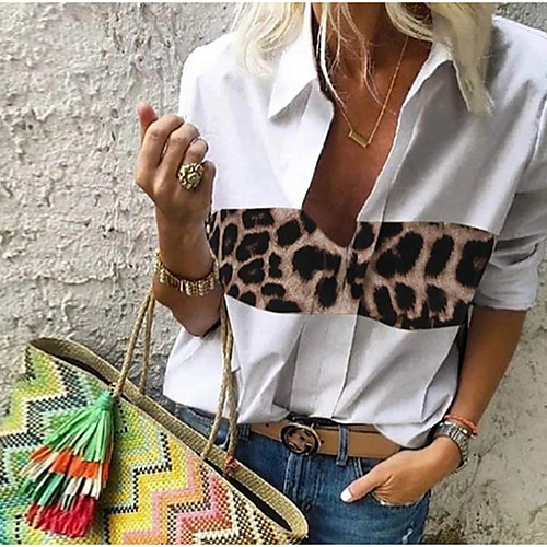 

Women's Daily Shirt - Leopard Patchwork / Print Shirt Collar White