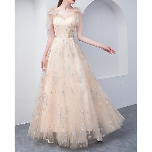 

A-Line V Neck Floor Length Tulle Glittering / Empire Wedding Guest / Formal Evening Dress with Embroidery 2020