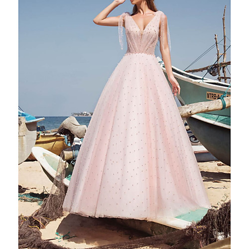 

A-Line V Neck Sweep / Brush Train Tulle Sleeveless Country / Sexy Wedding Dress in Color Wedding Dresses with Beading 2020