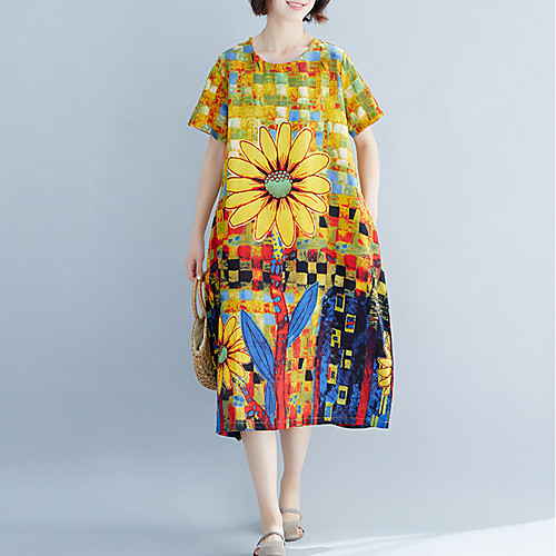 

Women's Linen Yellow Spring Summer Dress Vintage Mumu Daily Weekend A Line Print Patchwork One-Size