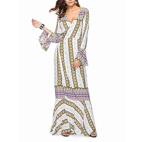 

Women's 2020 Red White Summer Dress Casual Elegant Daily Weekend Chiffon Print Flare Cuff Sleeve Patchwork L XL