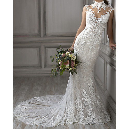 

Mermaid / Trumpet High Neck Court Train Lace / Tulle Cap Sleeve Sexy See-Through Wedding Dresses with Embroidery 2020