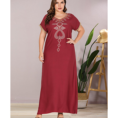 

Women's Sheath Dress Maxi long Dress - Short Sleeves Print Summer Elegant 2020 Wine L XL XXL XXXL