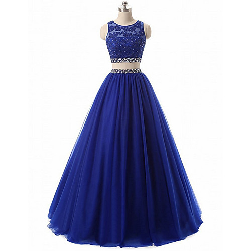 

Two Piece Jewel Neck Floor Length Chiffon Sparkle / Blue Engagement / Prom Dress with Pleats / Crystals 2020