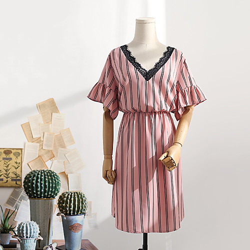 

Women's A-Line Dress Knee Length Dress - Short Sleeves Striped Lace Summer Casual Elegant Daily Going out 2020 Blushing Pink L XL XXL XXXL XXXXL