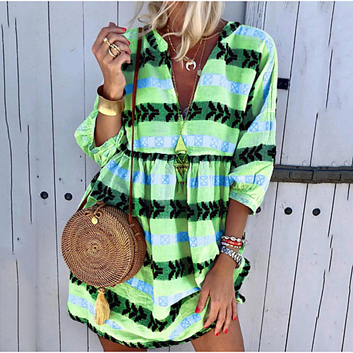 

Women's Shift Dress - 3/4 Length Sleeve Floral Summer Elegant 2020 Yellow Green Gray Light Blue S M L XL XXL