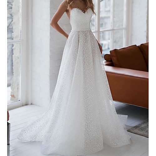 

A-Line Jewel Neck Sweep / Brush Train Tulle Sleeveless Sexy See-Through / Backless Wedding Dresses with Side-Draped 2020