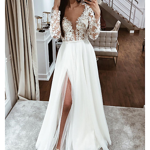 

A-Line V Neck Floor Length Lace / Chiffon Over Satin Long Sleeve Boho / Sexy See-Through Wedding Dresses with Embroidery / Split Front 2020