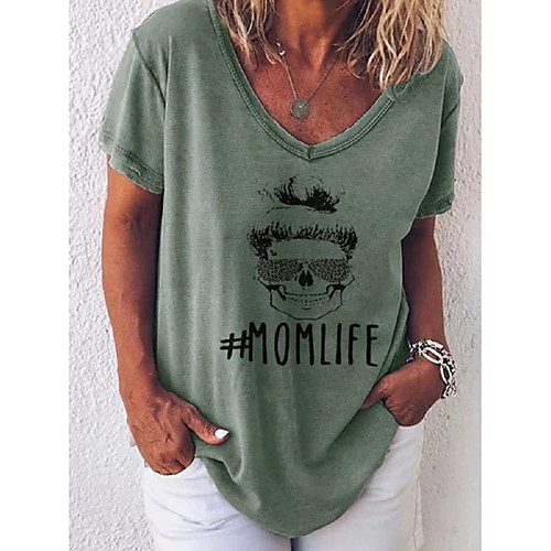 

Women's Daily T-shirt - Letter Print V Neck Blushing Pink