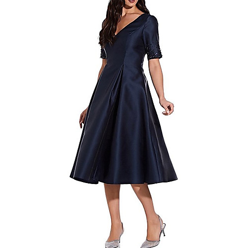 

A-Line V Neck Tea Length Satin Short Sleeve Elegant Mother of the Bride Dress with Pleats / Beading Mother's Day 2020