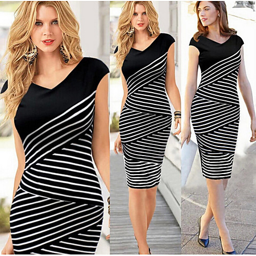 

Women's Sheath Dress Knee Length Dress - Sleeveless Striped Summer Elegant 2020 Black M L XL XXL