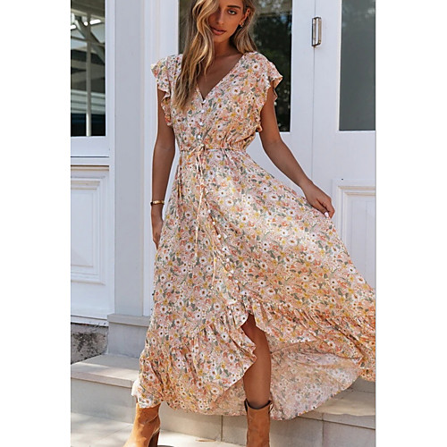 

Women's A-Line Dress Maxi long Dress - Short Sleeves Floral Summer Casual Boho 2020 Khaki S M L XL