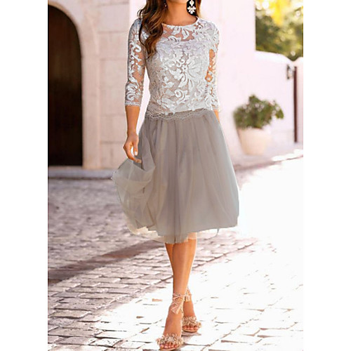 

Women's A Line Dress - 3/4 Length Sleeve Solid Colored Lace Mesh Elegant Going out Slim Beige M L XL XXL XXXL