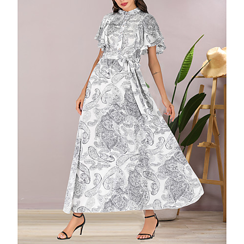 

Women's Maxi Chiffon Dress - Short Sleeves Print Summer Elegant Boho Daily Going out Butterfly Sleeve 2020 White M L XL XXL