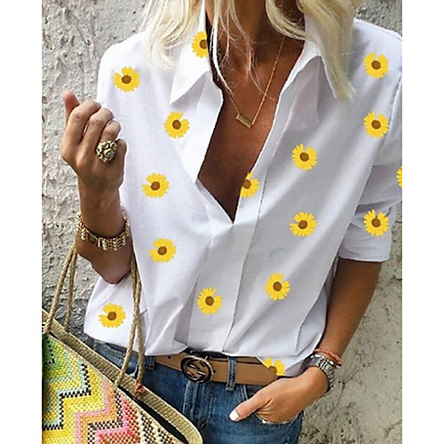 

Women's Daily Shirt - Floral Daisy, Print Shirt Collar Yellow