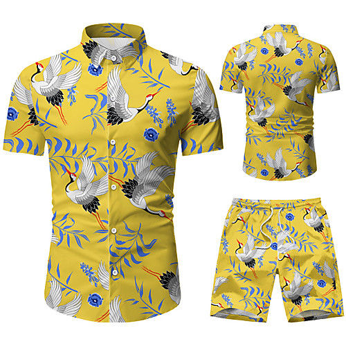 

Men's Graphic Animal Crane Print Set Beach Tropical Holiday Going out Blue / Yellow